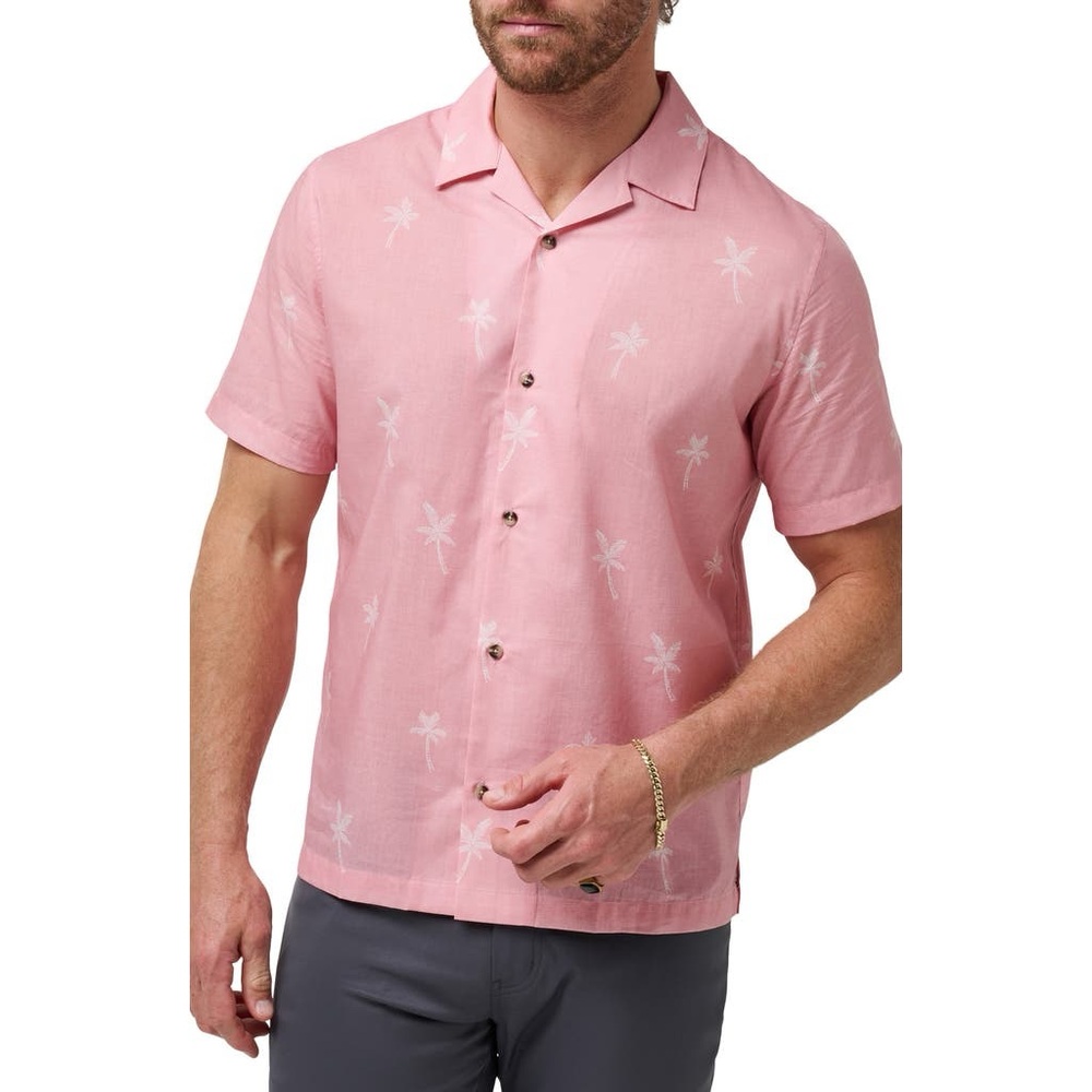 Travis Mathew lava dome camp shirt blush palm tree short sleeve button men’s XL